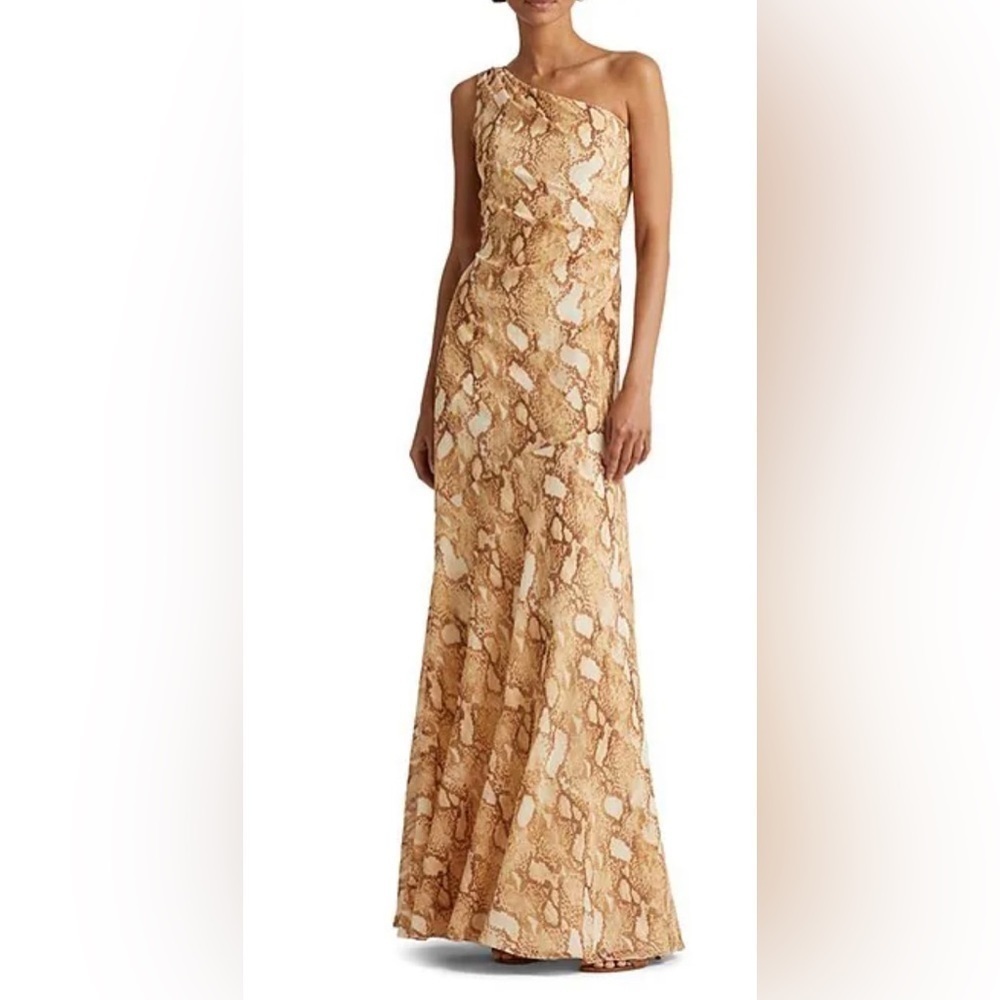 Lauren‎ Ralph Lauren Snake Print One Shoulder Asymmetrical Georgette Gown Dress